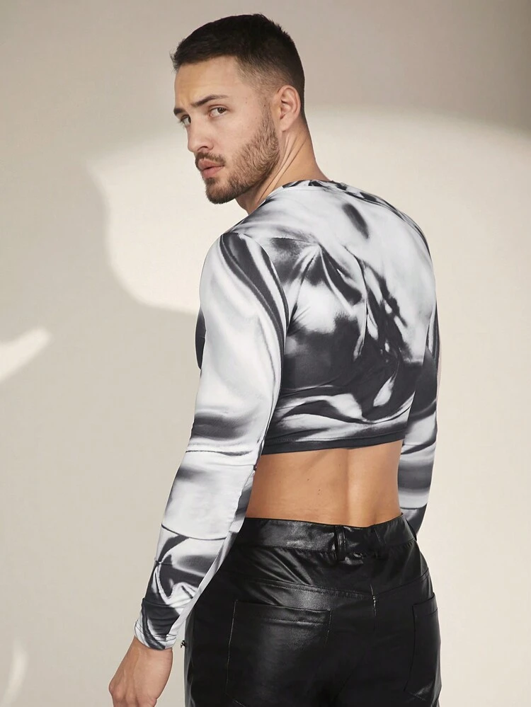 Men's Knitted Print Casual Crop Top T-Shirt