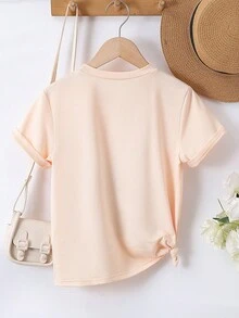 SHEIN Cô gái Tween Hoa & Lá thư In Giải trí Ngắn tay Áo thun - Màu be - Xem 2