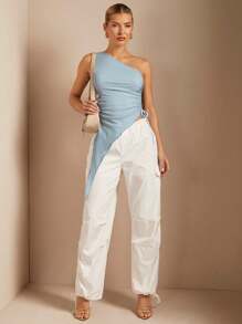 SHEIN BAE Women's Oblique Shoulder Asymmetrical Hem Side Draped Ruched Long Top - Blue - View 4