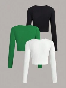 SHEIN EZwear 3 Set Multi-Pack Women Versatile Casual Simple Long Sleeve T-Shirt Valentine Day - Multicolor - View 2