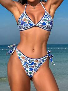 SHEIN Swim 女士植物印花吊带两件套比基尼套装夏季海滩 - 彩色 - 查看 8