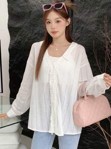 DAZY 女式宽松纯色长袖衬衫，下摆磨损，透视