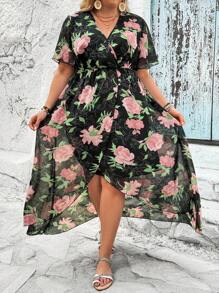 SHEIN Clasi Vestido Envolvente De Talla Grande Con Estampado Floral Y Mangas Cortas Acampanadas - Multicolor - Ver 3
