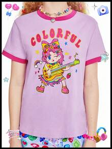 SHEINNeu Kidcore 色块边缘 T 恤图案 T 恤春假演唱会超大 T 恤粉色女式连衣裙夏季 T 恤夏季女式 - 彩色 - 查看 4