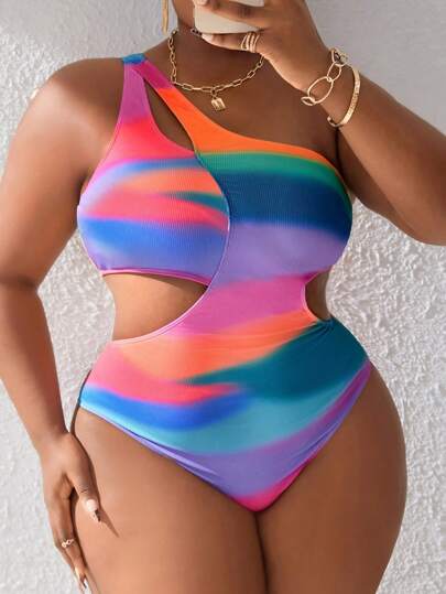 SHEIN Slayr Summer Beach Plus Size One Shoulder Ombre Color Hollow Out Detail Monokini Swimsuit