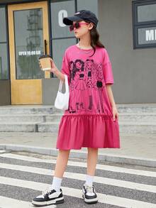 SHEIN Cô gái Tween Thể thao & Trang phục trên phố Phong cách Dệt kim Lỏng lẻo Ngắn tay Hoạt hình In Đầm Với Nếp may phóng đại Hem Và Tròn Đường viền cổ áo Cho mùa xuân Và Mùa hè - Hồng - Xem 6