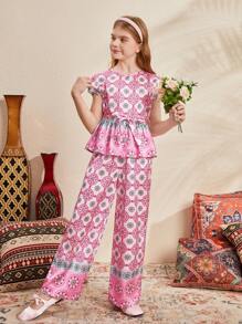 SHEIN Tween-Mädchen Lockeres, süßes Set aus Oberteil mit Rundhalsausschnitt und geometrischem Muster und Hose
