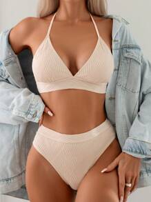 SHEIN Swim Conjunto De Bikini Con Top Halter Y Parte Inferior De Triángulo De Color Liso - Beis - Ver 2