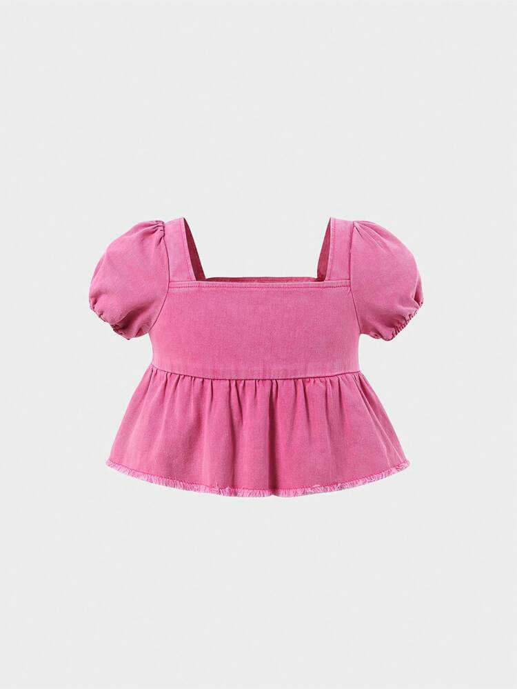 Teen Girls' Stylish Square Neck Puff Sleeve Loose Comfortable Pink Crop Top