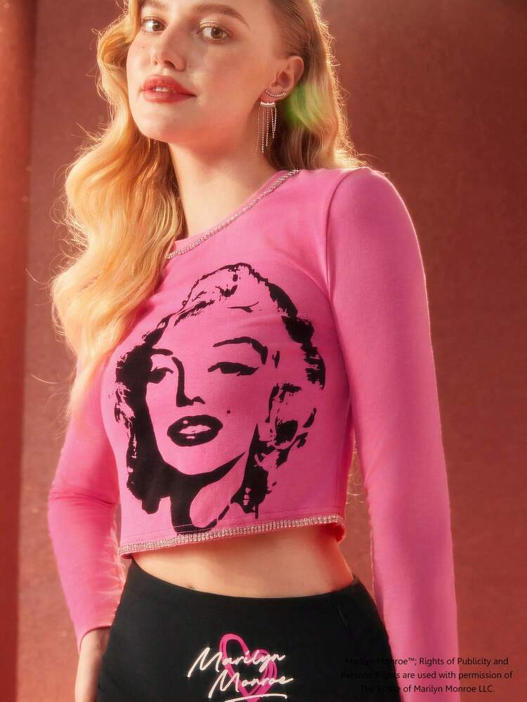 2pcs/Set Character & Letter Print Rhinestone Detail Tee & Split Hem Skirt
