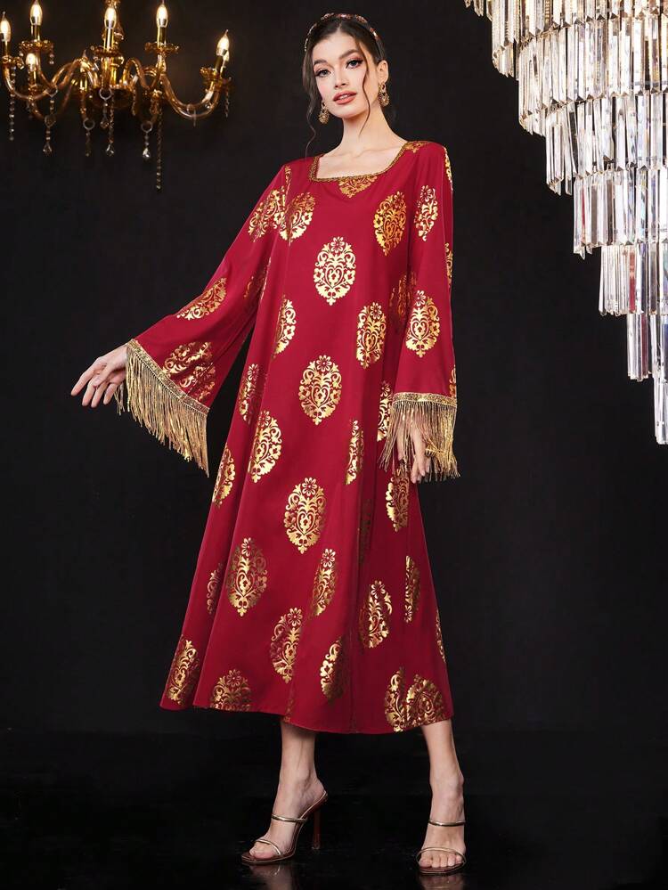 Women's Golden Printed Floral Patchwork Fringe Hem Cuff Dress