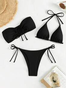 Swim Vcay Summer Beach 3pcs/Set Strapless Drawstring Top, Halter Neck Triangle Bikini Top, Knotted Side Thong Bottom Bikini Set - Black - View 7