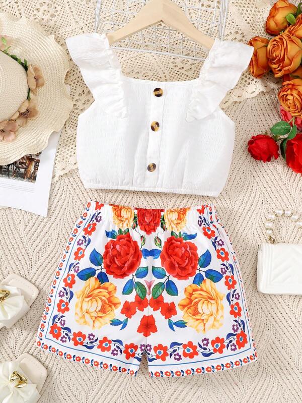 SHEIN Tween Girls' Vacation And Casual Flower Print Shorts And Cap Sleeve Camisole Two-Piece Set
