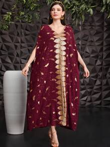 Al Najma Burgundy Red Women's Cape-Style Turkish Long Shirt With Feather Print & Gold Foiling