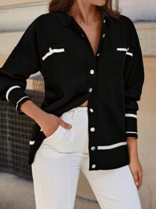 EURMUSE Contrast Trim Drop Shoulder Cardigan - Black - View 4