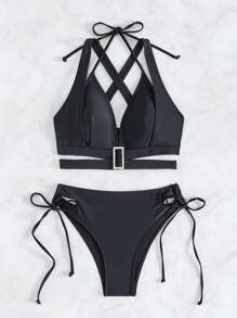 SHEIN Swim Women's Halterneck Lace-Up Bikini Set Summer Beach