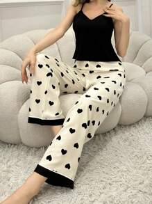 Snug Reverie Color-Block Heart Print V-Neck Cami Top And Pants Sleepwear Set Pajama Set - Black and White - View 5