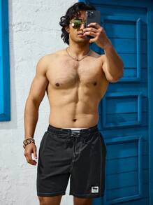 Zalmeno Men's Patch Detail Cross Tied Beach Shorts - Black - View 5