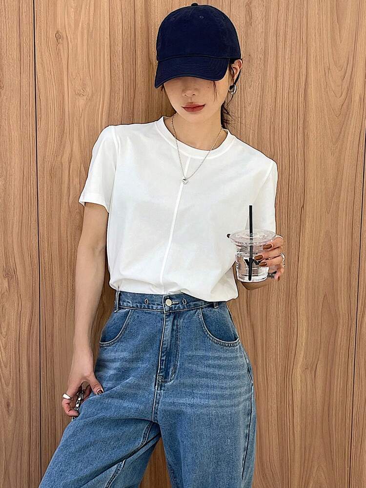 Solid Color Short Sleeve Women's T-Shirt With Split Line Decoration And Loose Fit Round Neck Summer,Business Casual Women Preppy Tops