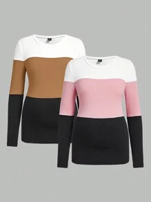 SHEIN Camiseta De Punto Acanalado Con Bloques De Color Para Maternidad - Multicolor - Ver 12