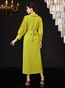 Al Najma Tay áo dài Đầm Với Pha lê Đồ trang trí Và Dệt Cắt tỉa Nổi bật - Màu vàng - Xem 2