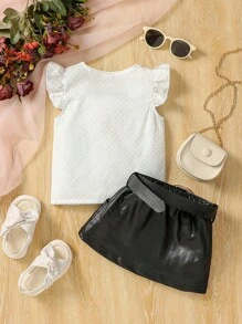 Baby Girl Street Style Polka Dot Flutter Sleeve Shirt And Glossy Faux Leather Skirt Set, Fashionable And Cute For Spring And Summer - Multicolor - View 2
