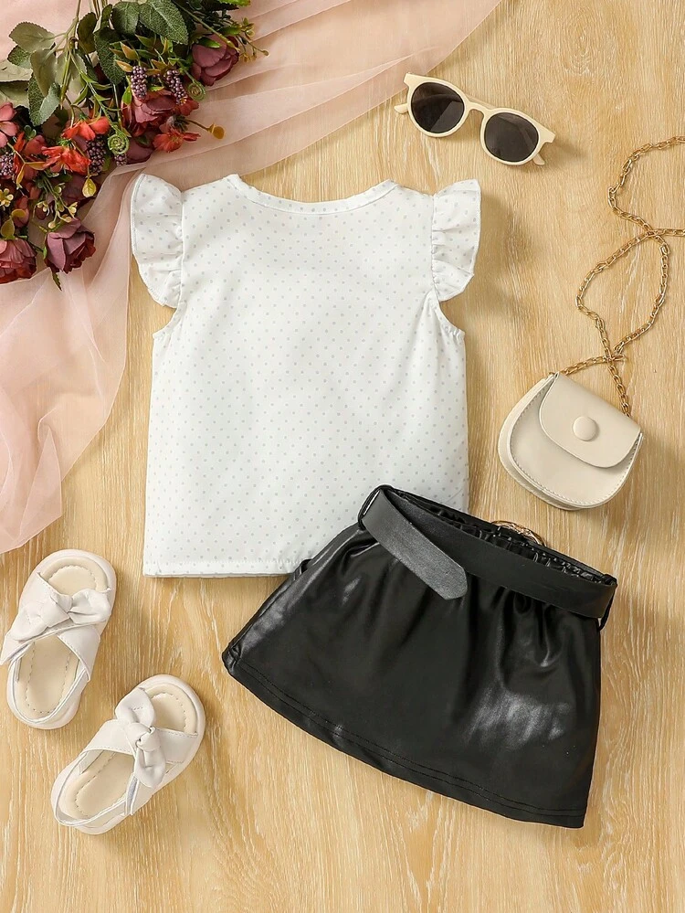 Baby Girl Street Style Polka Dot Flutter Sleeve Shirt And Glossy Faux Leather Skirt Set, Fashionable And Cute For Spring And Summer