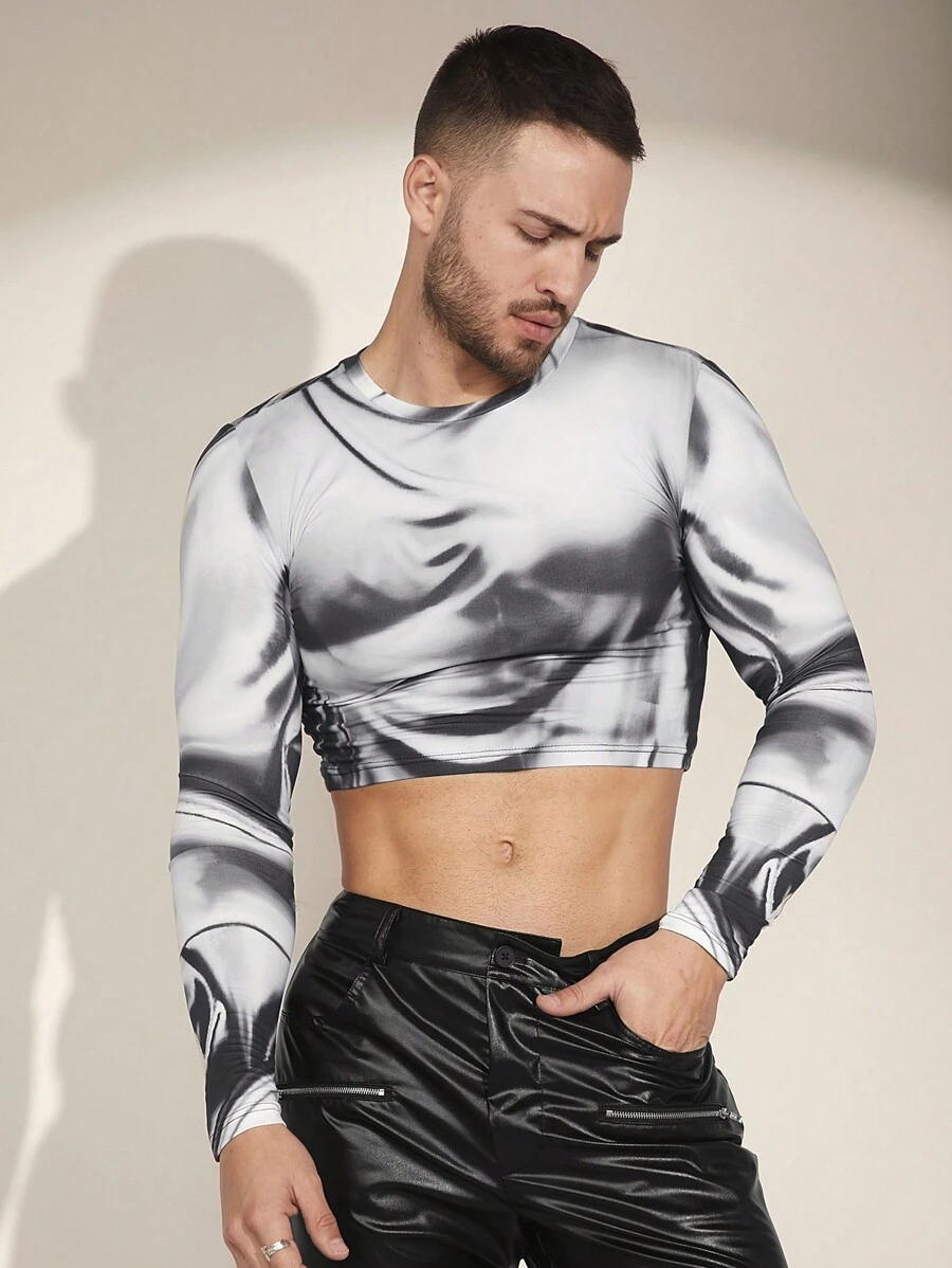 FeverCity Men's Knitted Print Casual Crop Top T-Shirt - Black and White - View 1