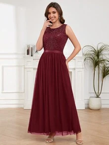 Round Neck Beaded Party  Dress Cocktail Dress - Burgundy - View 6
