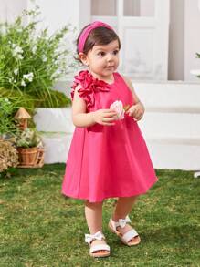 SHEIN Baby Girl Casual Loose Solid Color Sleeveless Dress With Ruffle Hem For Summer - Hot Pink - View 4
