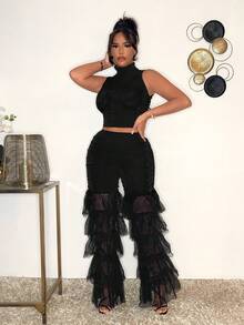 SHEIN SXY 女士高領背心頂部帶微反射面料和織網疊層拼接褲子2件組 - 黑色 - 查看 3