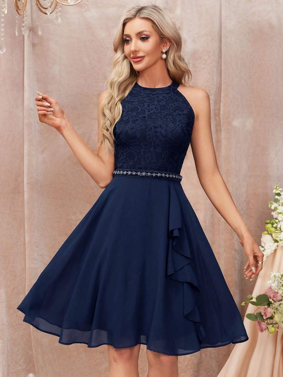 MIUSOL Floral Lace Halter Neck Ruffle Trim Chiffon Prom Party Swing Dress Elegant Semi Formal Wedding Guest Dress, For Birthday, Graduation, Homecoming - Navy Blue - View 1