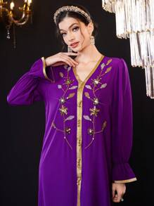 Al Najma Arabic Style Long Sleeve Dress With Rhinestone & Plant Pattern Patchwork Ribbon, Women - Purple - View 4