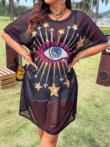 Calvaya 大尺碼透明網紗連衣裙,眼睛和星星印花帶蝙蝠袖 - 黑色 - 查看 3