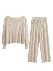 SHEIN LUNE Plus Size Solid Color Lantern Sleeve Top And Elastic Waist Pants Set, Women - Khaki - View 2