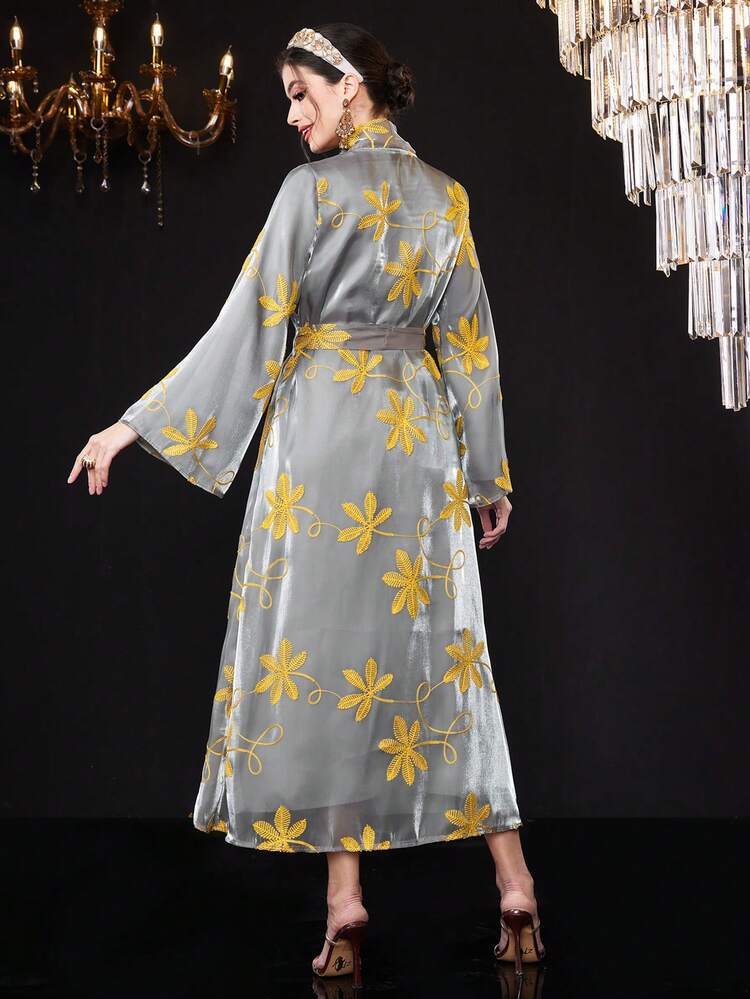 Ladies' Solid Color Round Neck Flare Sleeve Dress + Embroidered Detail Jacket 2pcs Outfit 2 Piece Set