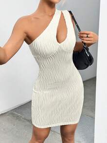 SHEIN Unity 女士镂空单肩无袖纹理连衣裙 - 杏色 - 查看 3