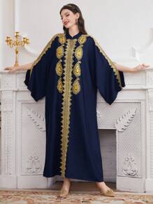 Al Najma Women's Gold Braided Belt Splice Open Sleeve Arabic Style Kaftan Dress, Elegant Evening Party Dress - Navy Blue - View 3