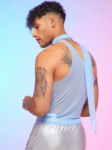 FeverCity Men's Asymmetrical Collar Perspective Mesh Halter Top - Black - View 2