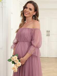 Maternity Off-Shoulder Solid Color Mesh Elegant Dress, For Party - Dusty Pink - View 5