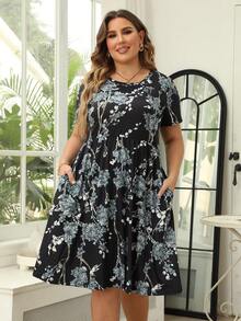 Nemidor Plus Size Floral Printed Dress - Black - View 5