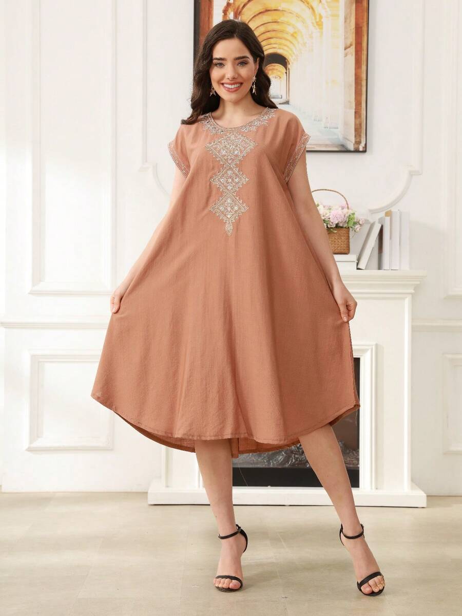 ASBB 重工刺繡阿拉伯女款 JALABIYA 短袖圓領橘色優雅洋裝 2026 女士節慶派對度假休閒套裝 沙烏地阿拉伯國慶日穿搭