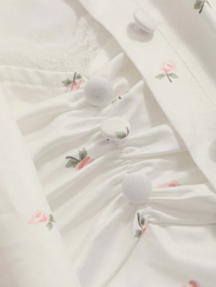 Women's Contrast Floral Lace Sleep Dress And Robe Set For Sleepwear White Pajama Set, Fall Winter Clothes