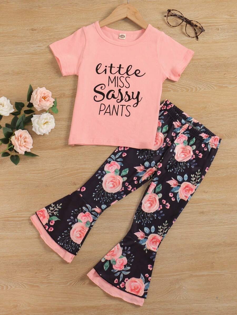 SHEIN Young Girl Slogan Graphic Tee And Floral Flared Leg Pants - Multicolor - View 1