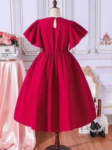 Vestido De Media Longitud Para Niñas Adolescentes Con Cuello En V En Color Rojo Vino - Burdeos - Ver 2