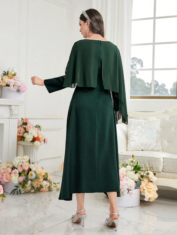 Rhinestone Applique Cape Style Dress, Elegant Evening Party Dress Long Evening Dresses