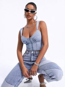 SHEIN BAE Front Zipper Bustier Denim Top - Blue - View 6