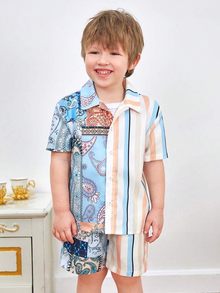2pcs/Set Young Boys' Casual, Sports, Academy, Holiday, Cute Dopamine & Paisley & Striped Loose Drop-Shoulder Short Sleeve Shirt And Shorts Suitable For Daily Wear, Vacation, Spring And Summer Seasons