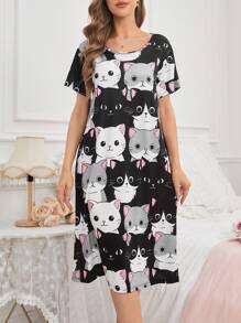 Snug Zone Women's Cartoon Cat Printed Sleep Dress Pajama Dress, Moo Moo Night Dress - Black and White - View 4
