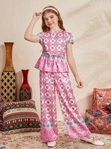 SHEIN Tween-Mädchen Lockeres, süßes Set aus Oberteil mit Rundhalsausschnitt und geometrischem Muster und Hose